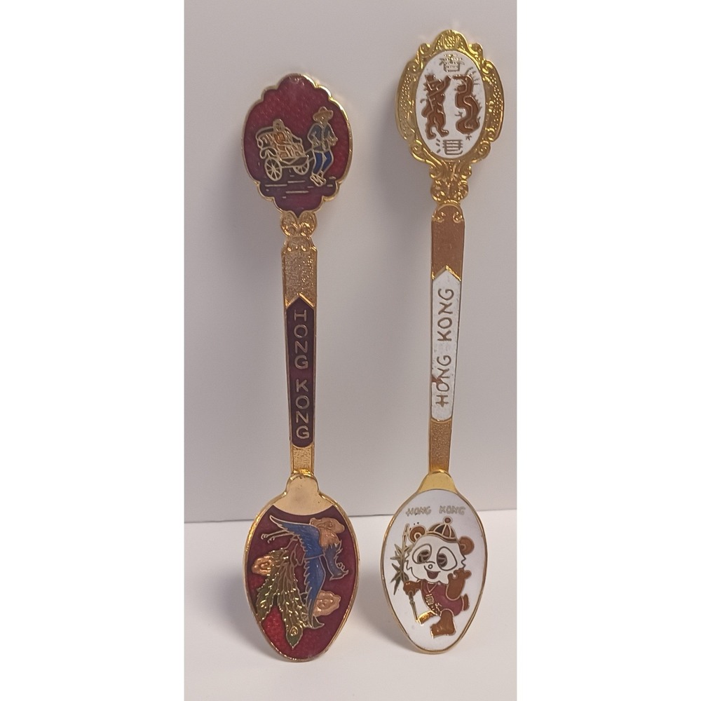 2 Vintage‎ Authentic Hong Kong Panda Chinese Rickshaw Peacock Souvenir Spoon